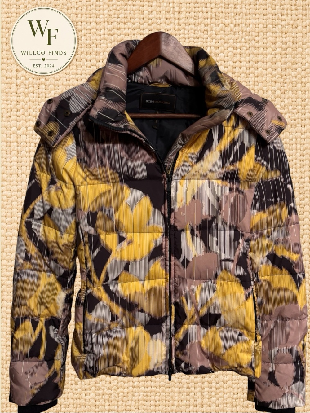 BCBGMAXAZRIA Floral Puffer Jacket Faux Fur Hood Yellow Brown Womenโs X-Small